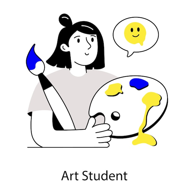 A woman holding a paintbrush and a speech bubble that says art student.