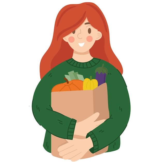 Женщина держит бумажный пакет с овощами. Веганский. Всемирный день вегетарианцев. Здоровое питание.