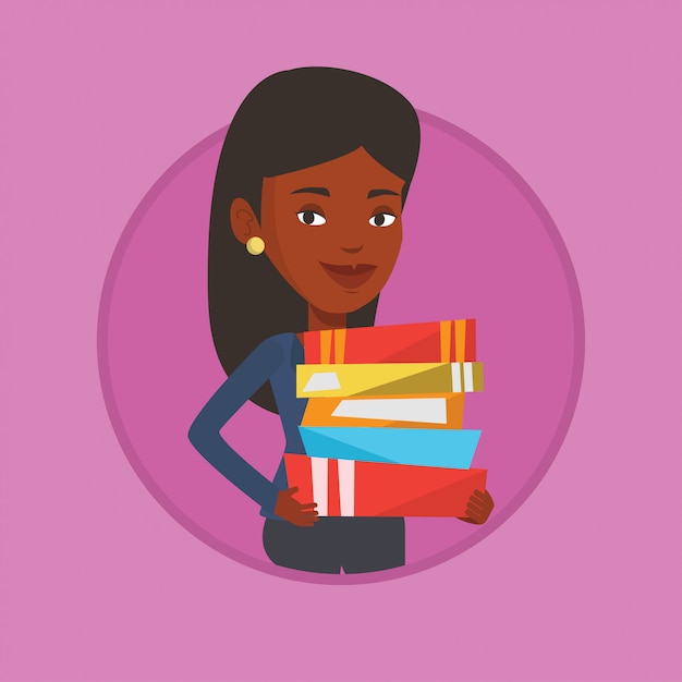 Vector woman holding pile of books vector illustration.