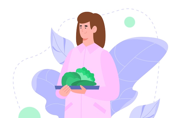 Woman holding plate with green vegetables cartoon vector illustration isolated