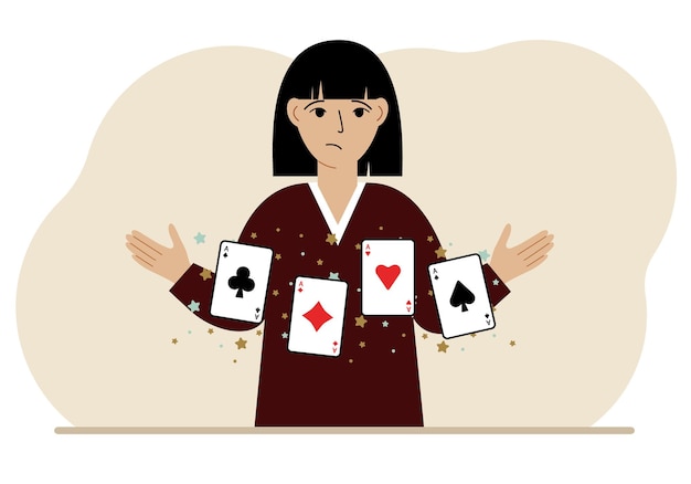 카드 놀이 카드를 들고 있는 여성 4개의 에이스 또는 4가지 종류의 콤비네이션 플레이