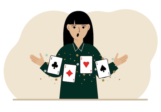 카드 놀이 카드를 들고 있는 여성 4개의 에이스 또는 4가지 종류의 콤비네이션 플레이