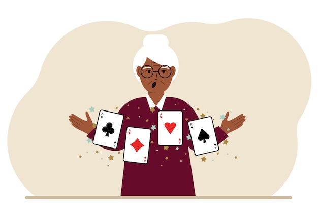Vettore donna che tiene carte da gioco carte combinazione di gioco di 4 assi o quattro di un tipo