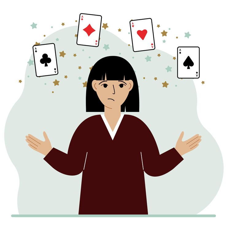 Vector woman holding playing cards cards playing combination of 4 aces or four of a kind