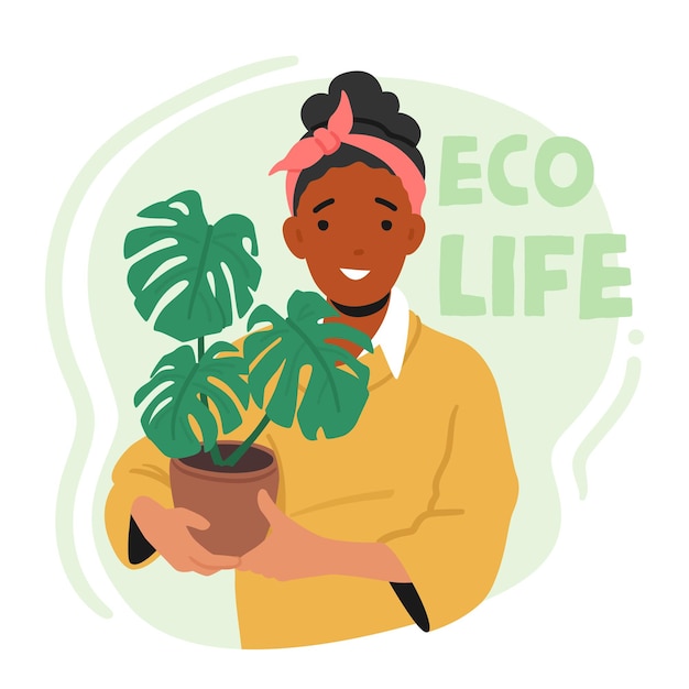 Vector woman holding potted flower promoting ecolife values sustainability green living nurturing the plant