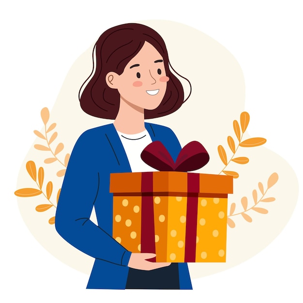 woman holding a present box character with birthday or holiday gift flat vector illustration for event celebration design and greeting card