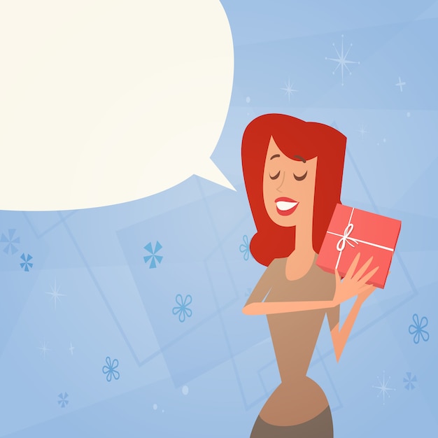Vector woman holding present box retro poster 8 march holiday
