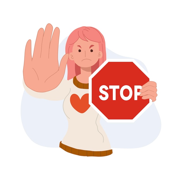 a woman holding red stop road sign protest and fight concept flat vector illustration