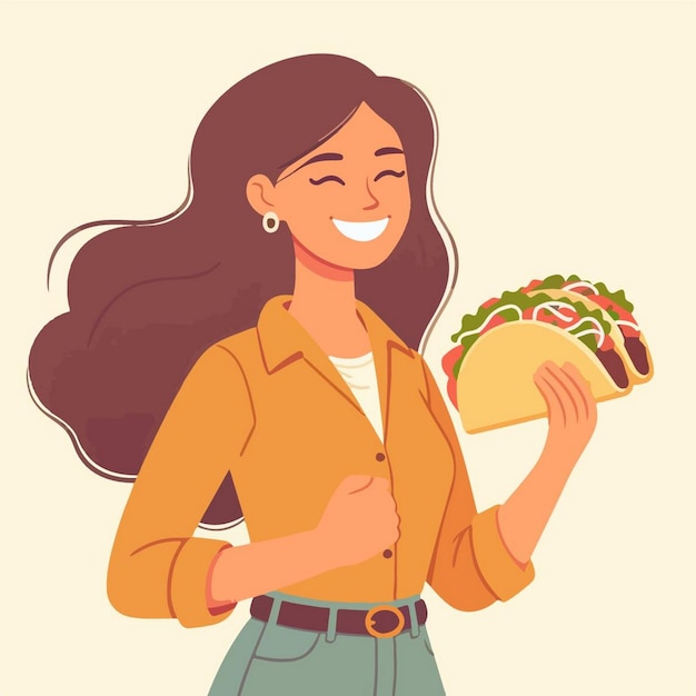 Vector a woman holding a sandwich with a smile on her face