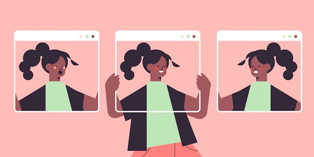 Vector woman holding screens with different masks girl covering face emotions