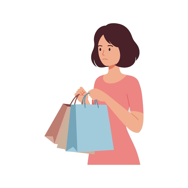 ミニマルなスタイルのベクトルイラストでショッピングバッグを握っている女性