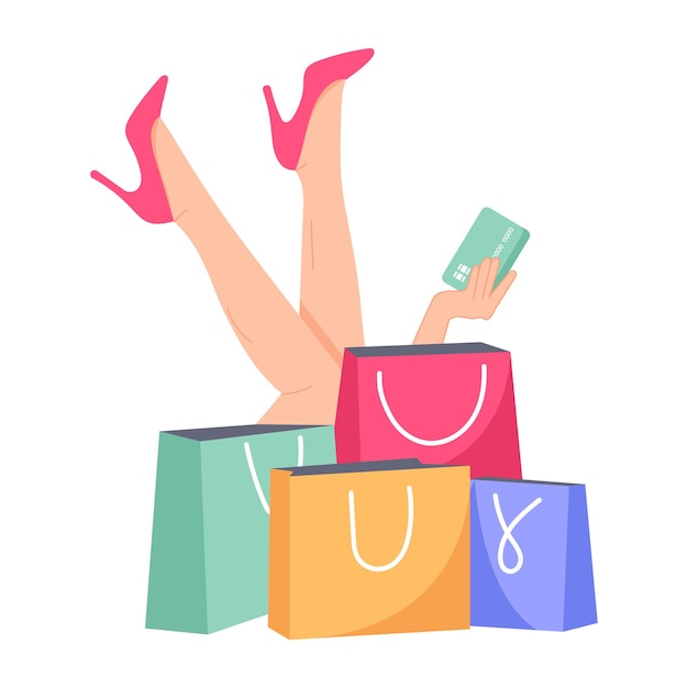 Woman holding shopping boxes trendy flat illustration