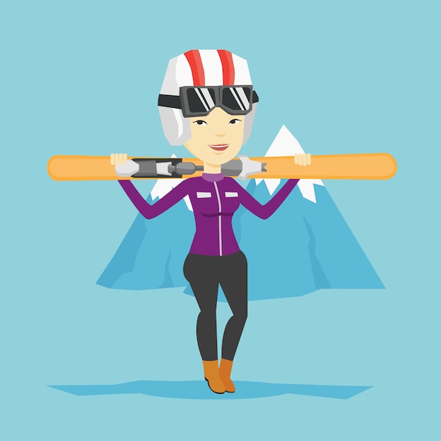 Vector woman holding skis vector illustration.