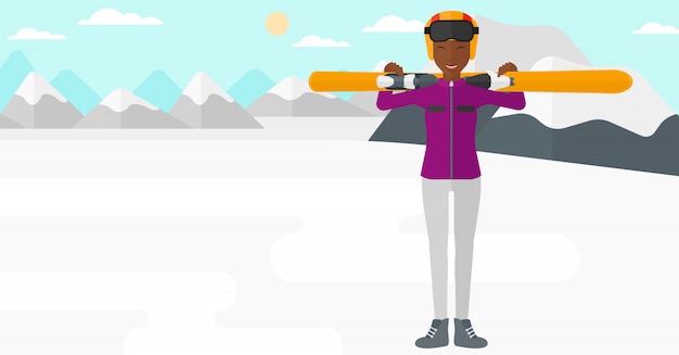 Vector woman holding skis