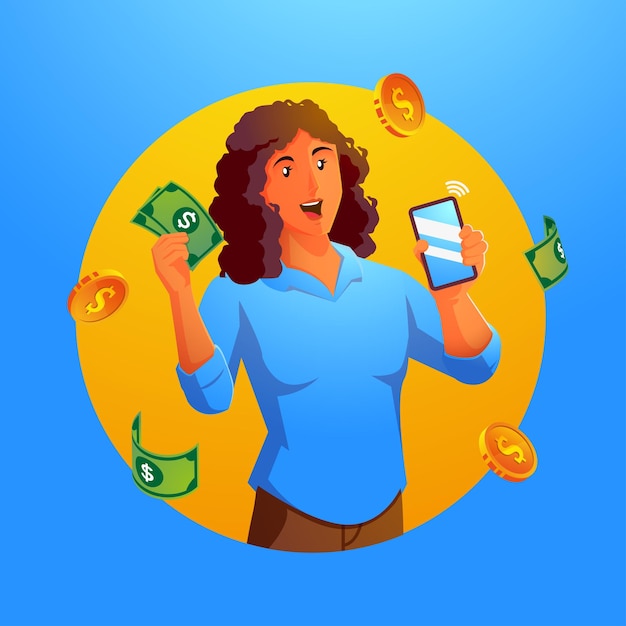 A woman holding a smartphone and dollars