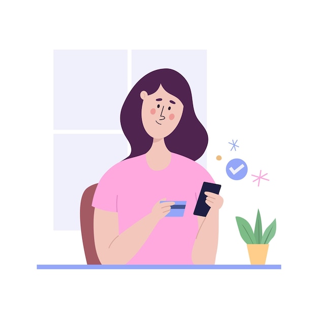 Vector a woman holding smartphone and shopping online