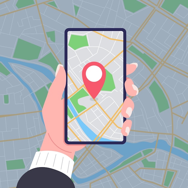 Женщина держит смартфон с картой GPS-навигации на экране Концепция мобильной навигации Вектор