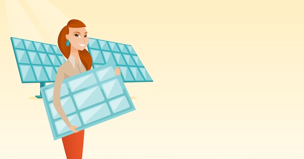 Woman holding solar panel vector illustration.