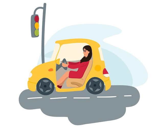 A woman holding a steering wheel or driving a car on a city street is waiting at a red traffic light