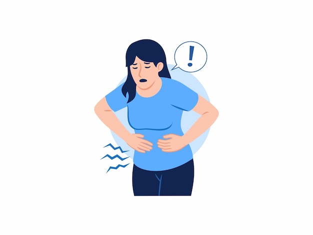 Vector woman holding stomach having stomachache abdominal pain menstrual pain or diarrhea food poisoning