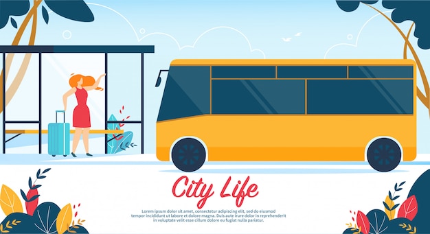 Vector woman holding suitcase stand on bus stop city life banner