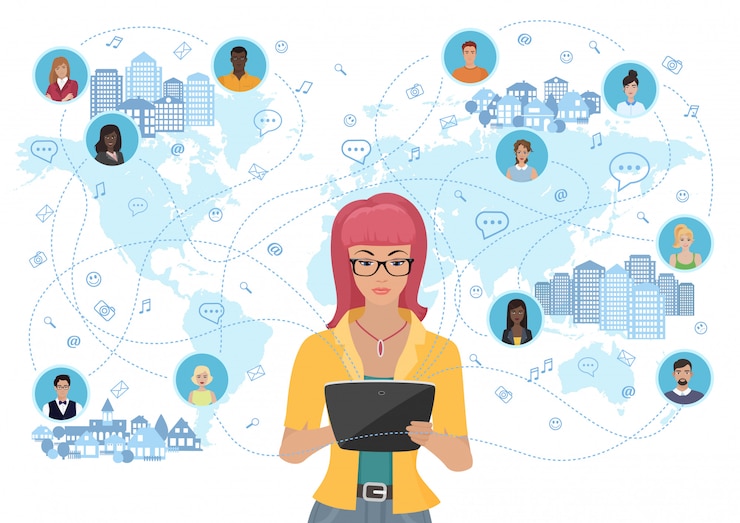 Vector woman holding a tablet and communicating with people