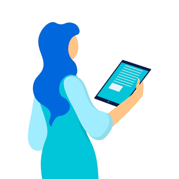 Woman holding tablet flat vector illustration