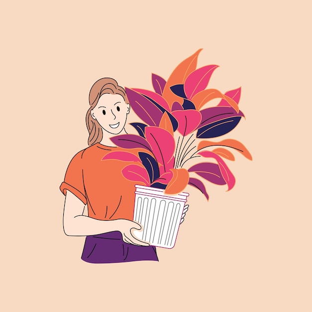 Vector woman holding and taking care of plant in pot