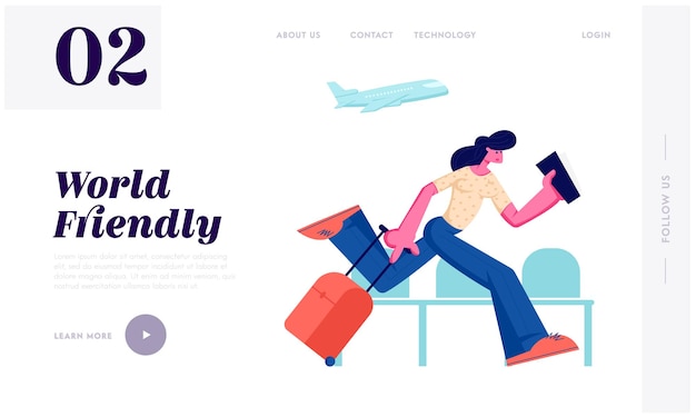 Woman holding ticket running with luggage in airport terminal waiting area hurry on airplane board at summer time vacation trip website landing page, web page. cartoon flat vector illustration