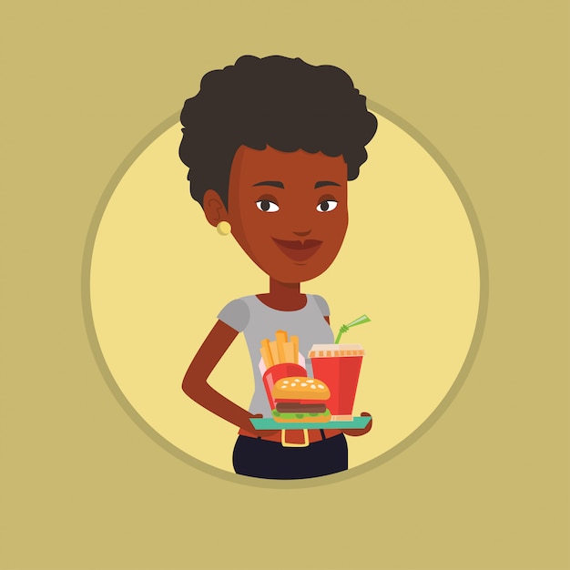 Vector woman holding tray full of fast food.