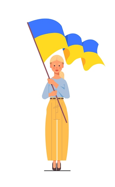 Woman holding ukrainian flag pray for ukraine peace save ukraine from russia stop war concept full length