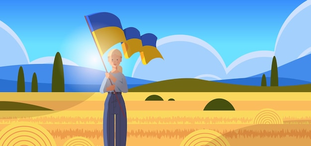 Vector woman holding ukrainian flag pray for ukraine peace save ukraine from russia stop war concept landscape background horizontal vector illustration