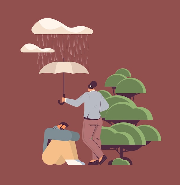 женщина, держащая зонтик, чтобы защитить грустного человека от дождя, психических заболеваний, безработицы, депрессии, стресса, концепции полной длины, векторная иллюстрация
