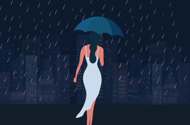 Vector woman holding umbrella in raining dark night raining autumn loneliness depression concept