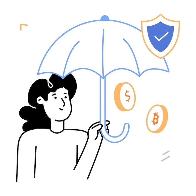 A woman holding an umbrella with a blue circle with a b and b on it.