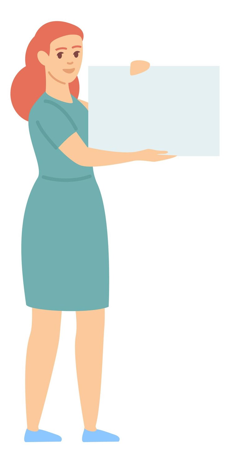 Vector woman holding white paper banner. message blank template isolated on white background