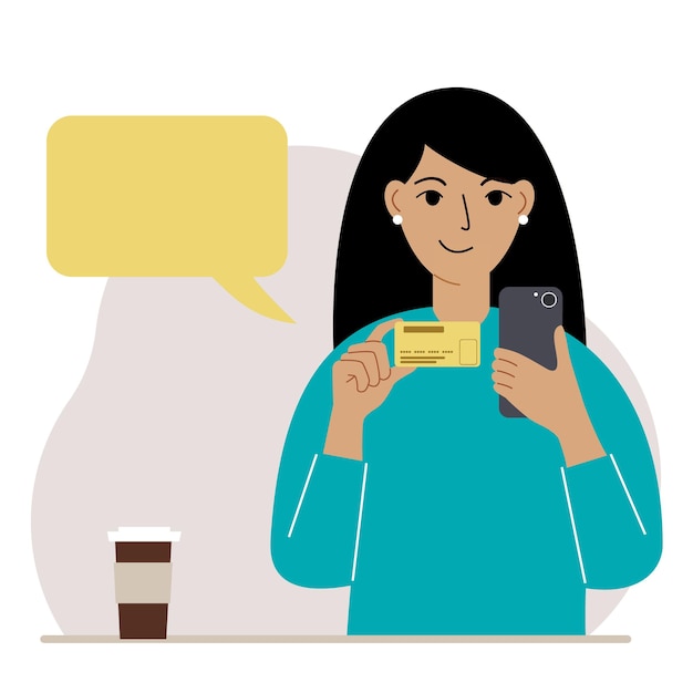 Vector a woman holds a bank card in her hand. concept of credit, deposit, payment, debit online. place for the test. vector flat illustration