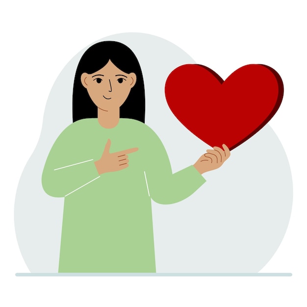 Vettore una donna tiene in mano un grande cuore rosso il concetto di volontariato relazione romantica o amore