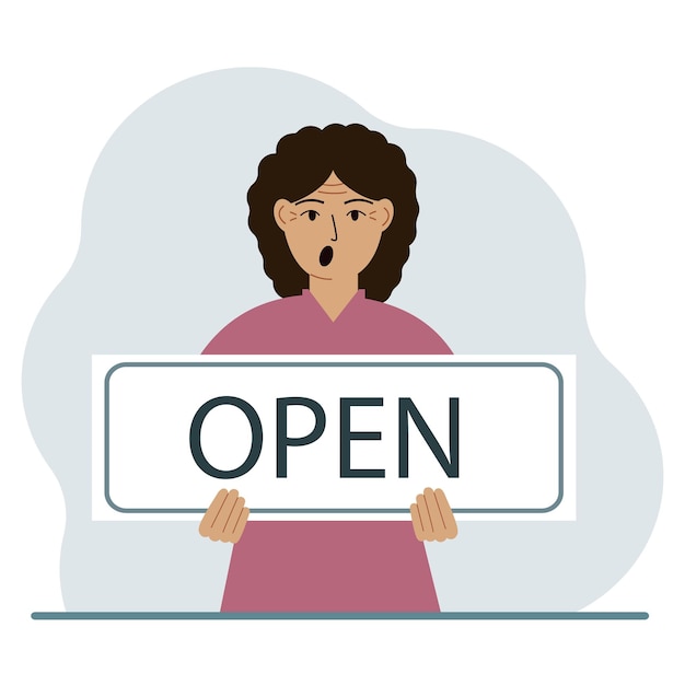 女性は手に「OPEN」と書かれたボードを持っている 広告ポスター