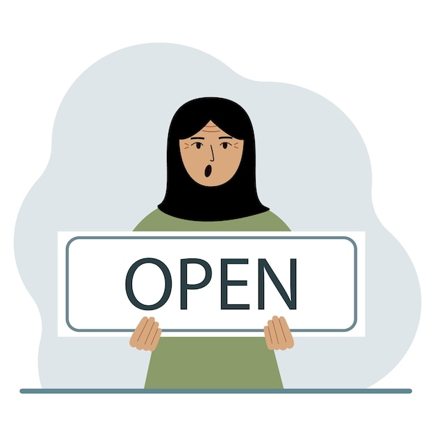 女性は手に「OPEN」と書かれたボードを持っている 広告ポスター