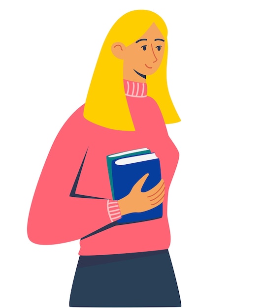 Woman holds books in her hands The concept of study work education Young woman or student who is fan of literature enjoys her time while reading books Book festival Vector illustration