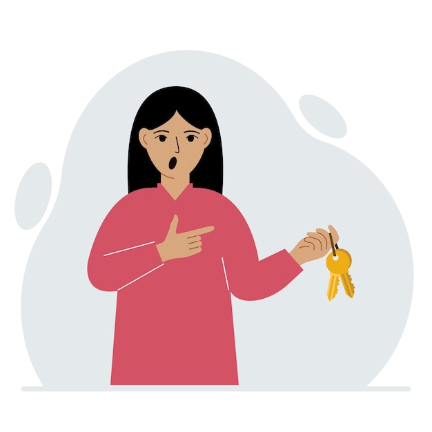 Una donna tiene in mano un mazzo di chiavi d'oro per aprire una porta chiusa a chiave conoscenza o la chiave del successo