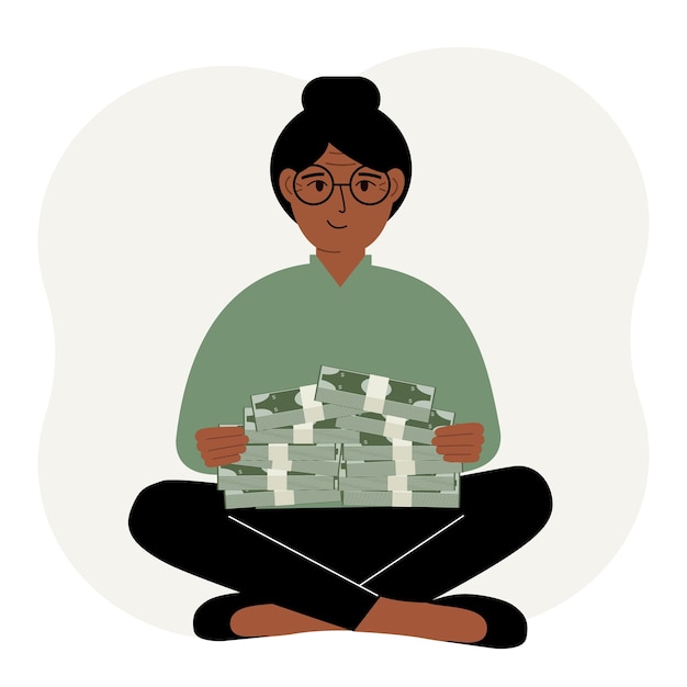 한 여성이 손에 현금이나 지폐 다발을 들고 있습니다. 성공적인 비즈니스 및 금융 개념 삽화를 평평한 스타일로