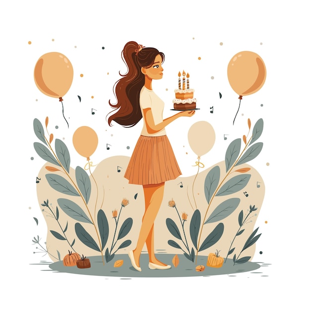 Vector a woman holds a cake celebrates a birthday a flat illustration isolated on a white background a c