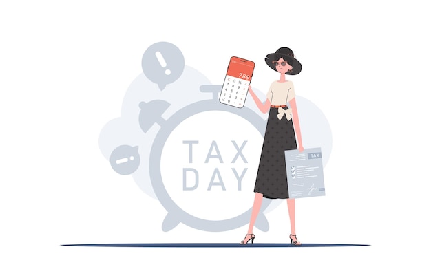 Vector a woman holds a calculator and a tax form in her hands the concept of payment and calculation of taxes vector illustration