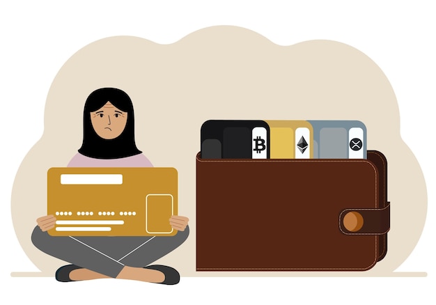 A woman holds a card next to a wallet with different cards for cryptocurrencies Internet wallet digital money transactions exchange platform cold wallet or hardware wallet