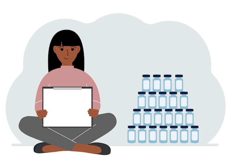 Vector a woman holds a clipboard with a blank sheet of paper in his hands there are many jars of vaccines nearby