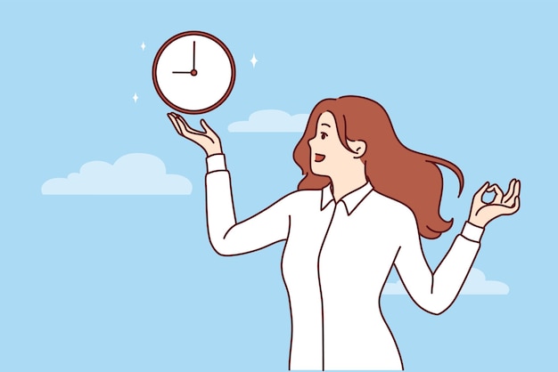 Woman holds clock standing under blue sky and reminds punctuality and importance meeting deadlines