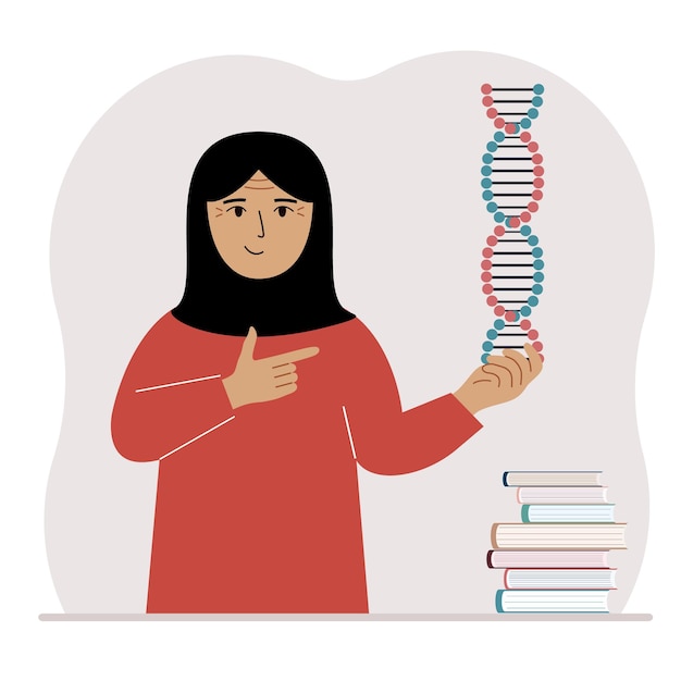 A woman holds a DNA model in his hand and there are many books nearby