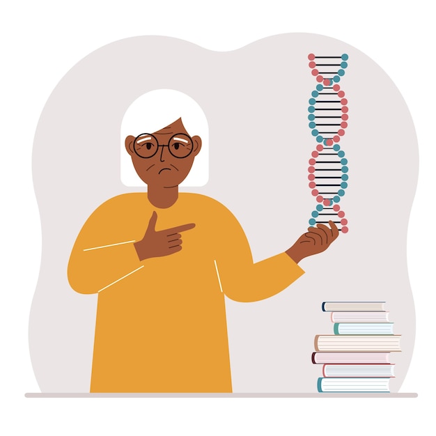 한 여성이 DNA 모델을 손에 들고 근처에 많은 책이 있습니다.